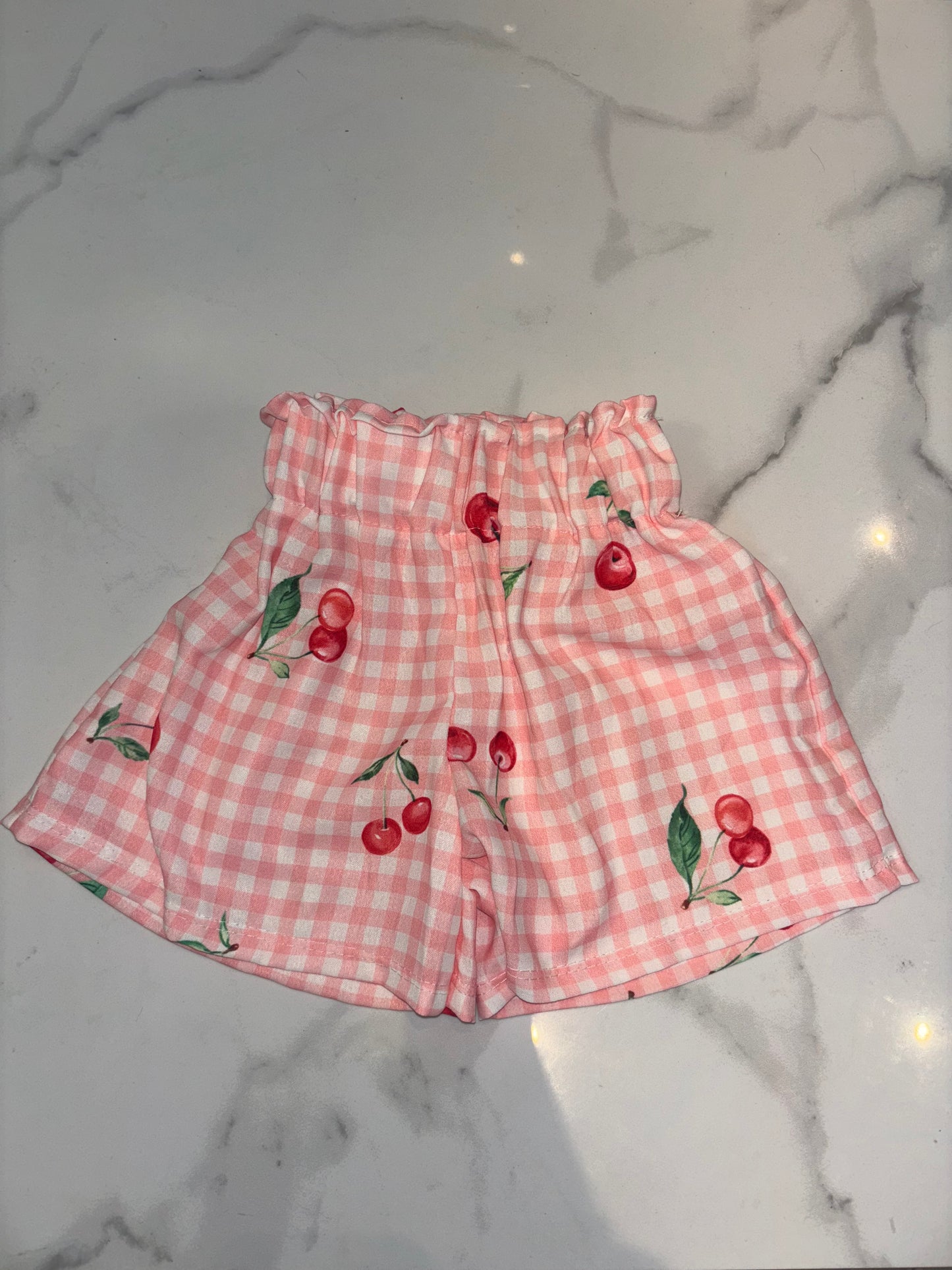 Girls pink checked cherry print top and shorts set
