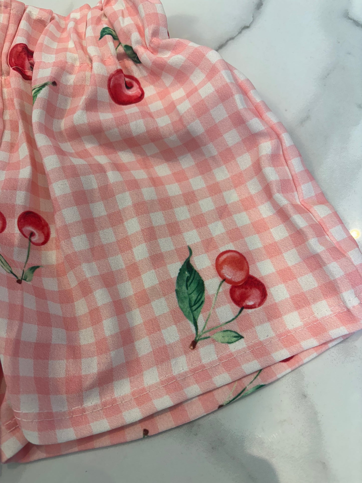 Girls pink checked cherry print top and shorts set