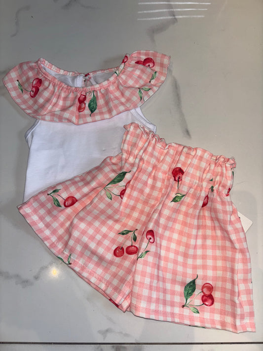 Girls pink checked cherry print top and shorts set