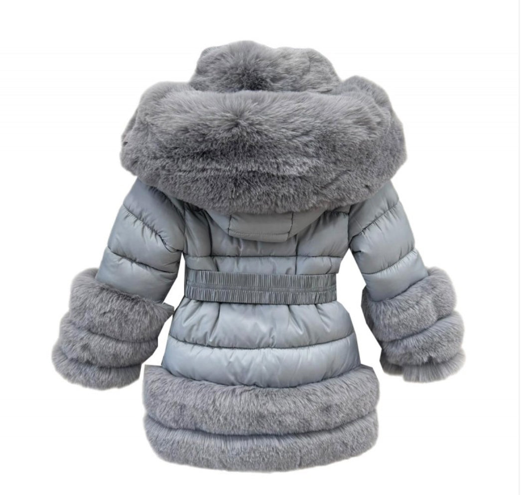 Girls grey faux fur winter coat