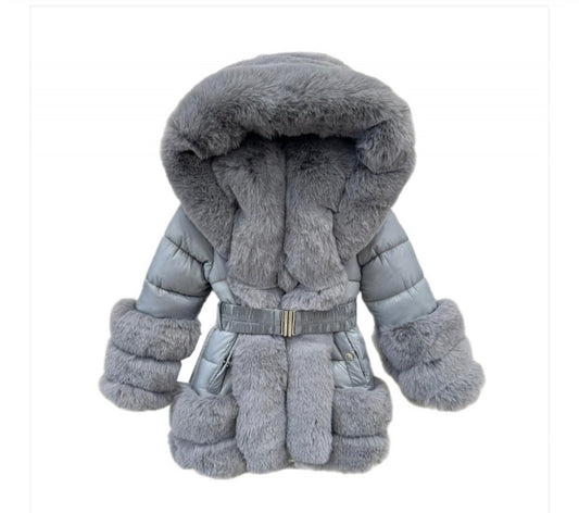 Girls grey faux fur winter coat