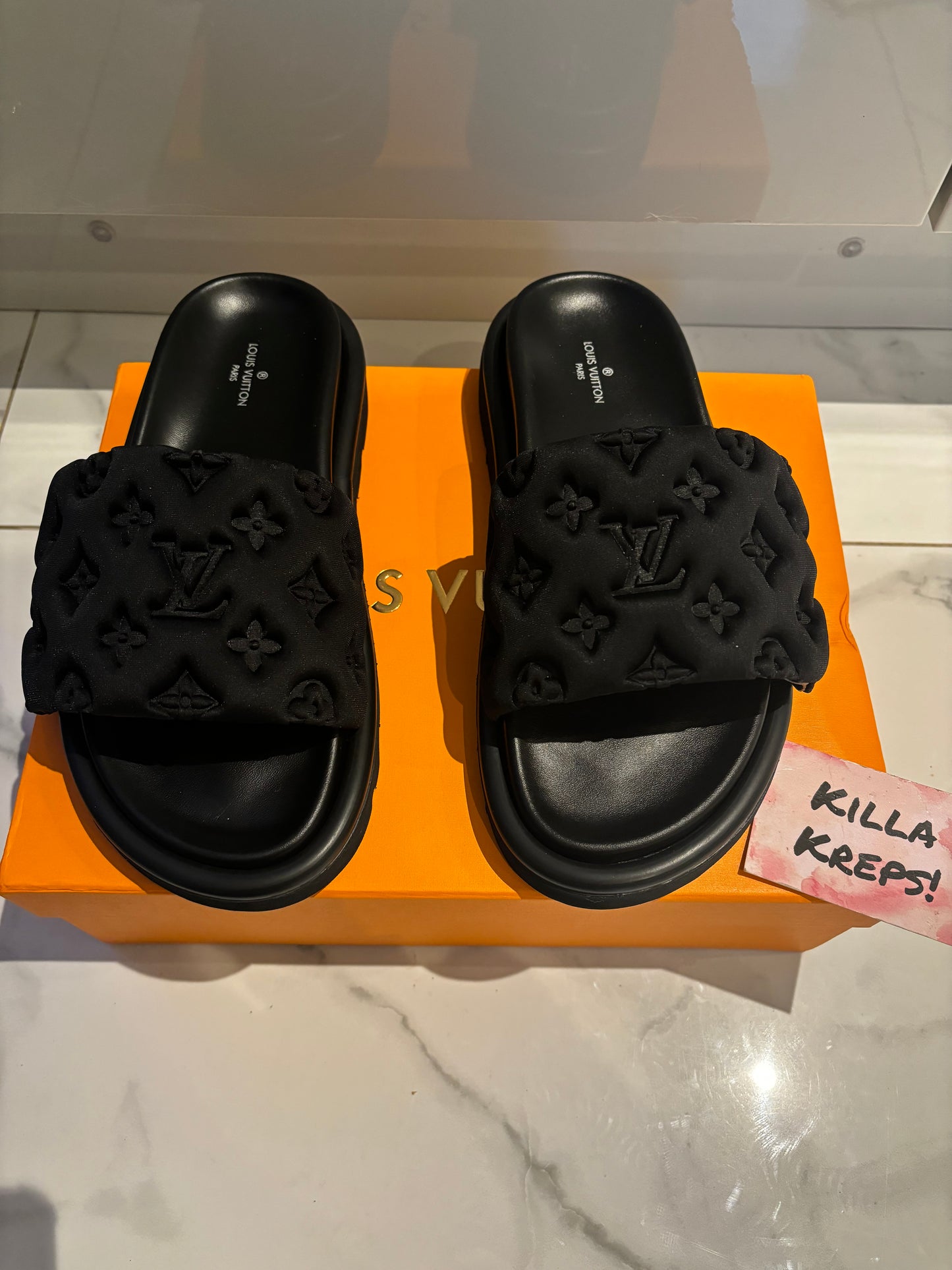 LV Black Pillow Sliders