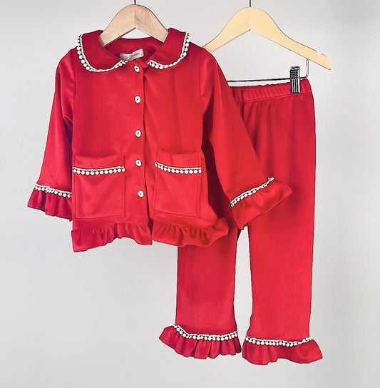 Girls Red Ruffle Velour Christmas Pyjamas